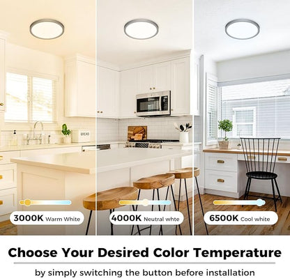 zemty 2Pack LED Ceiling Light Fixture 6.5 Inch, 12W 1200lm Ceiling Mount Light Fixtures, Adjustable 3000K 4000K 6500K, Round Flat Ceiling Lamp for Bathroom Closet Hallway Laundry (Black)