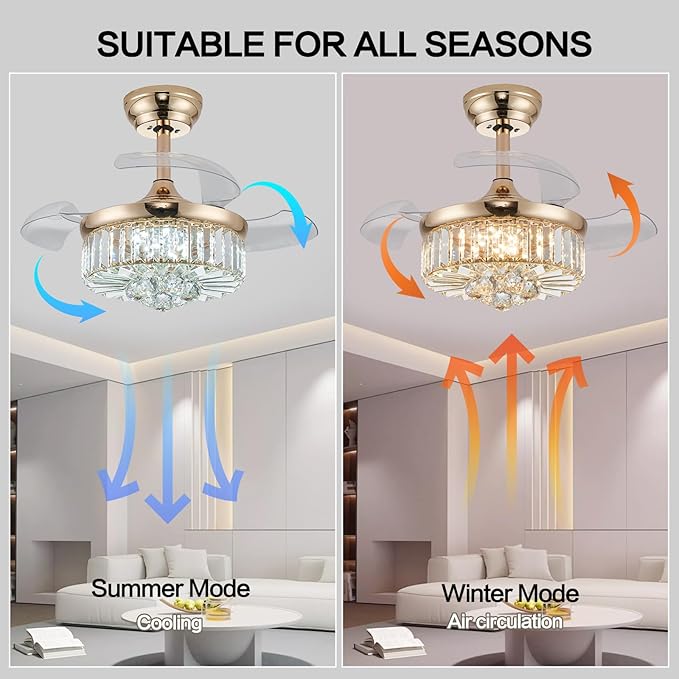 DuMaiWay 30" Golden Chandelier Ceiling Fan with Light Crystal Modern Fandelier Reversible Ceiling Fan Dimmable Retractable Timer for Dining Living Room Bedroom