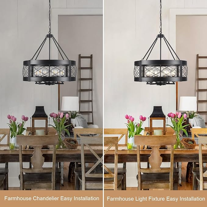 Black Chandelier 6-Light Adjustable Farmhouse Chandelier Dining Room Light Fixture Kitchen Island Lighting Drum Rustic Hanging Lights for Entryway Foyer Bedroom Living Room