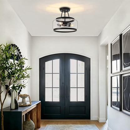 11.81" Black Semi Flush Mount Ceiling Light Fixture Modern Glass Kitchen Lighting Fixtures Ceiling Lights 3-Light Hallway Light Fixtures Drum Entryway Chandelier for Bedroom Foyer Laundry Dining Room