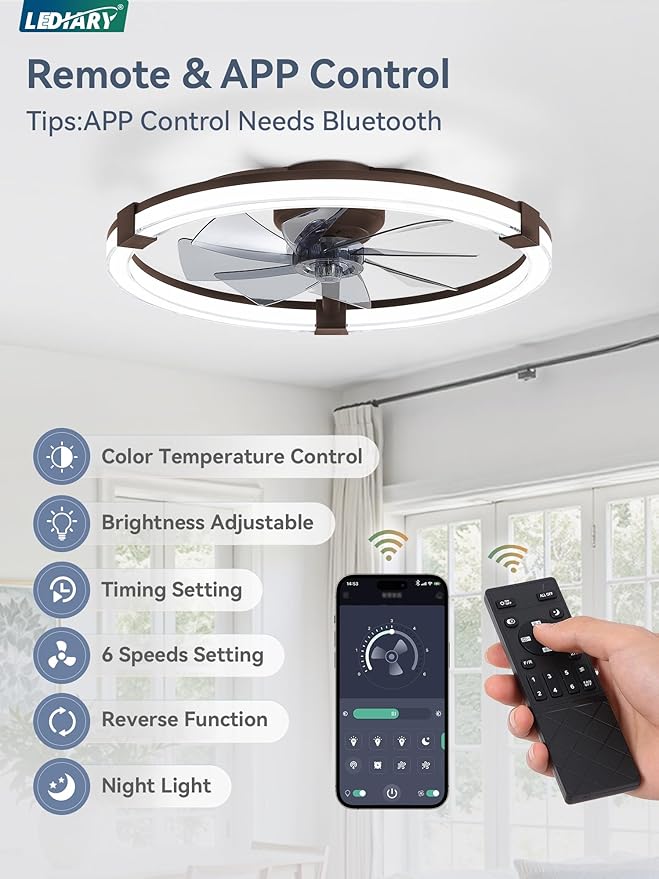 LEDIARY Ceiling Fans with Lights, 23 Inch Low Profile Ceiling Fan with Remote, 6 Speeds, Reversible, Dimmable Flush Mount Fan Light, Modern Fandelier Ceiling Fan with Lights for Bedroom, Brown