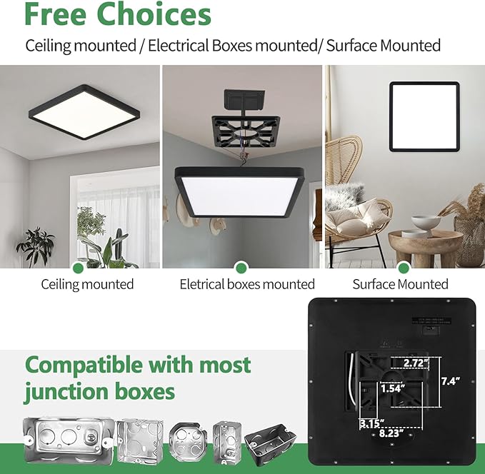 20 Inch Large LED Flush Mount Ceiling Light,45W 4500LM, 3000K/4000K/6000K CCT Selectable,Black Square Low Profile Ceiling Light Firxtue for Bedroom/Kitchen/Living room/Dinning room/Hallway