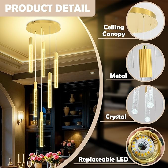 Luxury 6 Light Modern Crystal Pendant Light - 71" High Ceiling Gold LED Dimmable Pendant Light for Bedside Island Kitchen Living Room