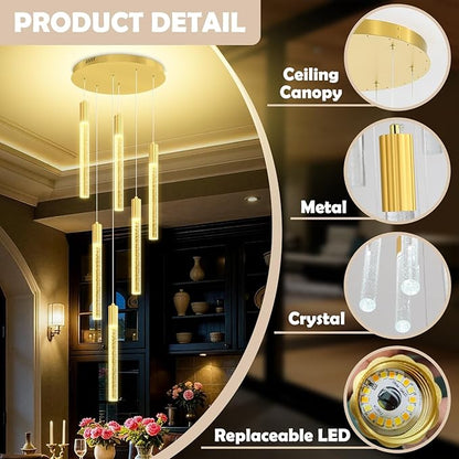 Luxury 6 Light Modern Crystal Pendant Light - 71" High Ceiling Gold LED Dimmable Pendant Light for Bedside Island Kitchen Living Room