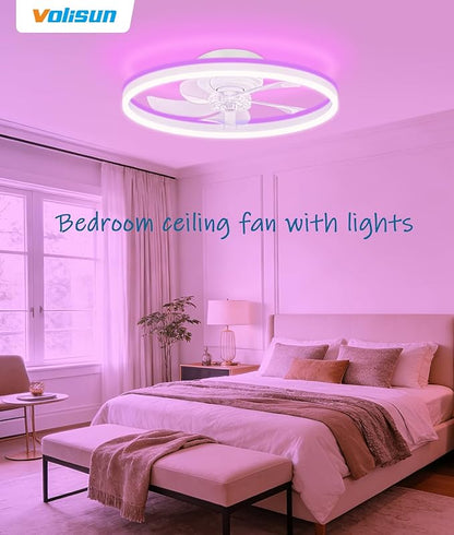 VOLISUN RGB Ceiling Fans with Lights and Remote, 20in Low Profile Ceiling Fans with Lights Flush Mount, 3000K-6500K Dimmable Fandelier LED Fan Light, White Bladeless Ceiling Fans for Bedroom