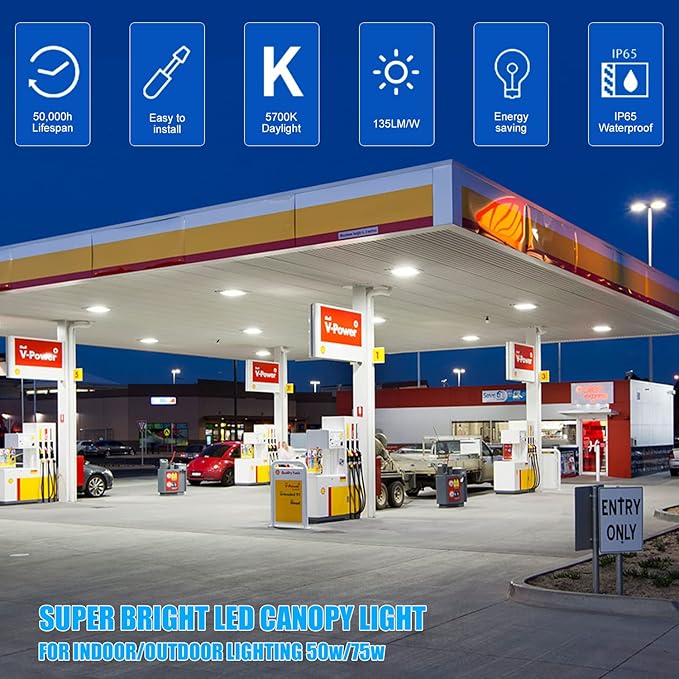 2 Pack LED Canopy Light Fixture,HID/HPS Replacement, 9.5" x 9.5", LED Shop Light, 5700K, AC100-277V, IP65 Waterproof,Canopy Light Outdoor for Gas Station,Warehouse (75W-2P)