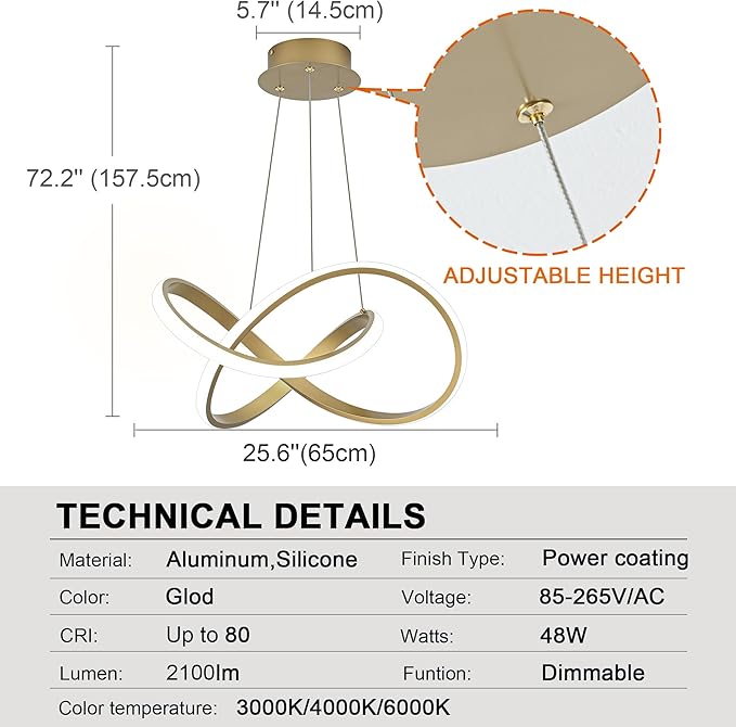 MAYNA LED Chandelier with Remote Control, 3-Color Modern Dimmable LED Pendant Light Fixtures, Height Adjustable Kitchen Light Fixtures for Dining Room Kitchen Entryway Living Room, Gold 25.6 inch