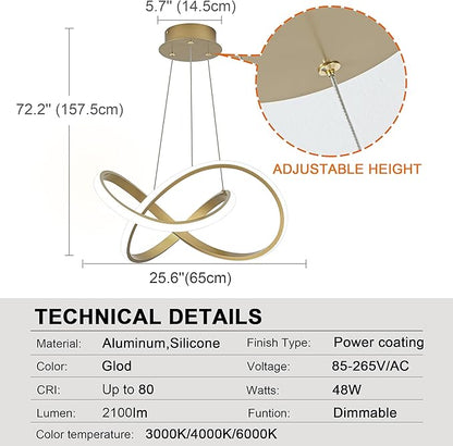 MAYNA LED Chandelier with Remote Control, 3-Color Modern Dimmable LED Pendant Light Fixtures, Height Adjustable Kitchen Light Fixtures for Dining Room Kitchen Entryway Living Room, Gold 25.6 inch