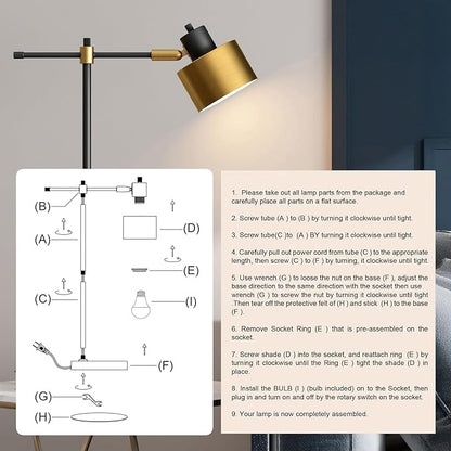 OYEARS 22.2" Modern Desk Lamp, Metal Table Lamp with LED Bulb, Adjustable Reading Lamps for Living Room, Mid Century Task Lamp for Home Office, Industrial Bedside Lamps with Solid Base,Black and Gold