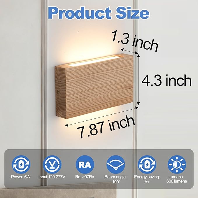 Wood Wall Sconce Indoor Wall Lights Hardwired 1 Pack Up and Down Wall Mount Light for Living Room Bedroom Hallway Corridor Conservatory Cool White 3000K(with led 4000K and 6000k)