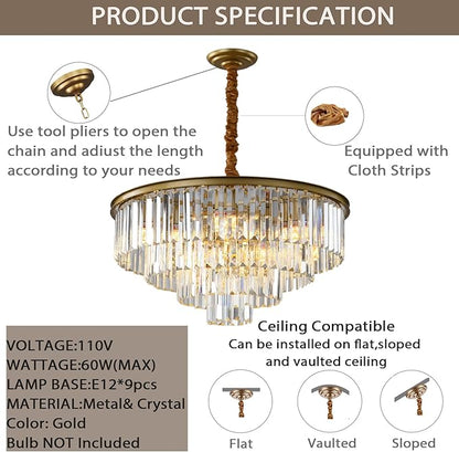 Gold Modern Crystal Chandelier Lighting K9 Round Chandelier Hanging Ceiling Light Fixture 4-Tier Contemporary Pendant Light for Dining Room Living Room Bedroom
