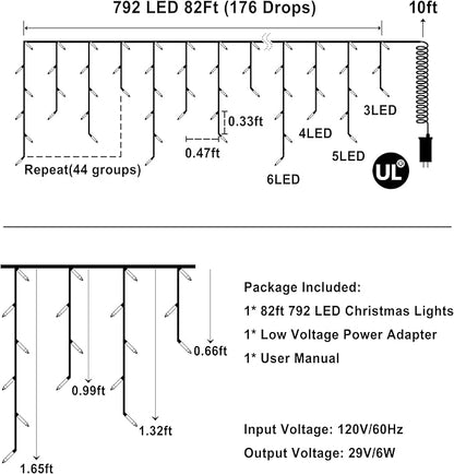 QUHUATU 792 LED Christmas Outdoor Lights with 176 Drops, 82ft Hanging Curtain Lights 8 Modes, Christmas Fairy Lighs with Timer & Memory for House Roof Holiday Wedding ChristmasDecor (Multicolor)