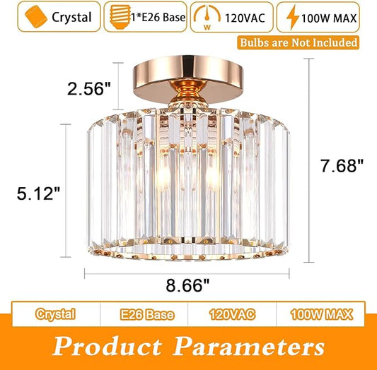 BUXVRCS Semi Flush Mount Modern Chandelier, Crystal Ceiling Light Fixture, Small Close to Ceiling Light for Living Room, Bedroom, Hallway, Bathroom, Kitchen, Entryway (Gold)