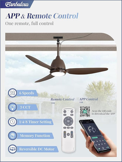 Fanbulous 42" Outdoor Ceiling Fan with Light, IP65 Waterproof Wet Rated, Plug in Gazebo Fan with 10FT Cord, Smart APP & Remote, 6-Speed Reversible DC Motor, 3CCT Dimmable LED for Patio Porch (Bronze)