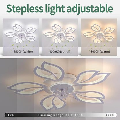 Modern Ceiling Fans with Lights, Low Profile Ceiling Fan with Remote for Bedroom, Flush Mount Ceiling Fan with LED Dimmable Light,3-Colors, 6-Speeds, Timing CeilingFan Light-White Leaves