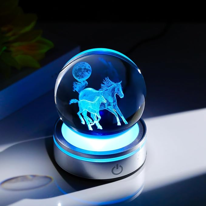 Crystal 3D Moon and Horses 3.15in Ball Figurine Gifts for Men, Collectible Glass Animal Art Sphere for Room with LED Light Base Keepsakes for Horse Lovers Home Decor