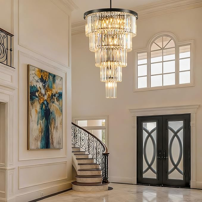 High Ceiling Chandelier Crystal Modern: 24-Inch 5-Tiered Black Staircase Chandeliers - Large Long Hanging Pendant Light Fixture For Entryway Foyer Living Room Luxury Round Flush Mount Ceilings Lights