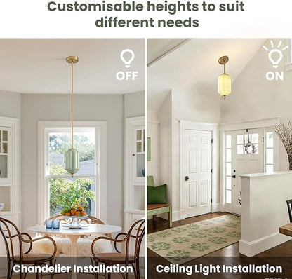 Vintage Green Glass Pendant Lights 5.5 Inch Mid Century Brass Hanging Ceiling Light, Small Adjustable Height Kitchen Island Hanging Lights for Dining Room, Kitchen, Hallway and Bedroom, E12 Base
