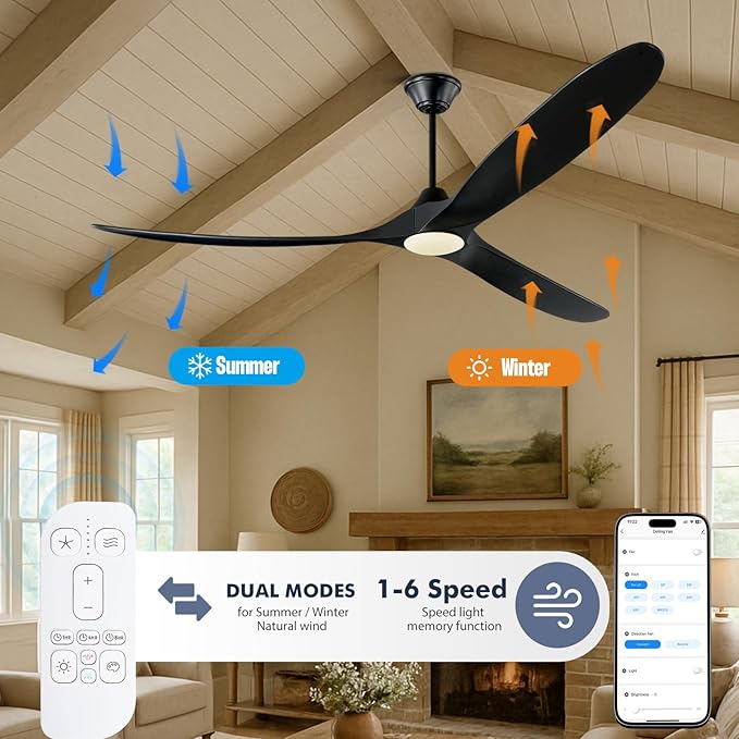 82 Inch Large Smart Ceiling Fans with Light, Black Wood Ceiling Fan with Remote/Alexa/App Control, 3 Propeller High CFM Modern DC Ceiling Fan for Living Room Outdoor Patio Commercial Shop