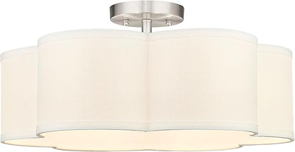 Semi Flush Mount Ceiling Lights, 6-Light 18" Ceiling Light Fixtures with Fabric Shade in Flower Shape, Brushed Nickel Farmhouse Drum Lighting for Nursery Bedroom Kitchen, AD-22007-6SF-SN