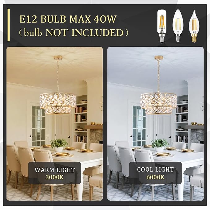 CATINER 20'' Modern Gold Crystal Chandelier Luxury Semi Flush Mount Ceiling Light Fixtures 6-Lights Round Crystal Pendant Chandelier for Dining Room Foyer Living Room Bedroom