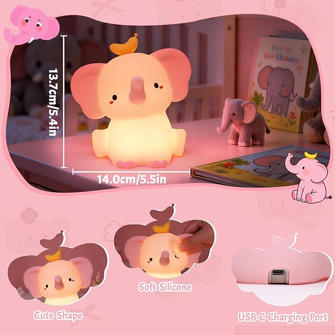 OkiyiD Pink Elephant Night Light, Cute Squishy Silicone Lamp, Dimmable Touch Control Elephant Gifts for Girls Daughter, LED Nursery Bedside Lamp for Girls Room Decor Birthday Xmas Gifts