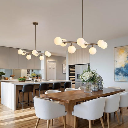 Modern Linear Chandelier, Mid Century Gold Sputnik Pendant Light with White Glass Lampshade,8 Lights Globe Rectangle Chandelier,for Dining Room Kitchen L31.4 in x W10.6 in