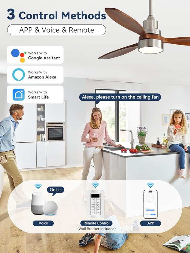 Sofucor 52 Inch Solid Wood Smart Ceiling Fans with Lights and Remote, Works with App/Alexa/Google, 6-Speed Outdoor Ceiling Fan with Light, 3 Blade Ceiling Fan, Quiet DC Motor for Living Room Patio