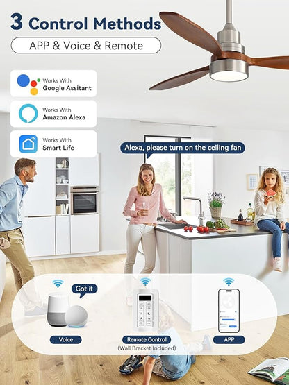 Sofucor 52 Inch Solid Wood Smart Ceiling Fans with Lights and Remote, Works with App/Alexa/Google, 6-Speed Outdoor Ceiling Fan with Light, 3 Blade Ceiling Fan, Quiet DC Motor for Living Room Patio