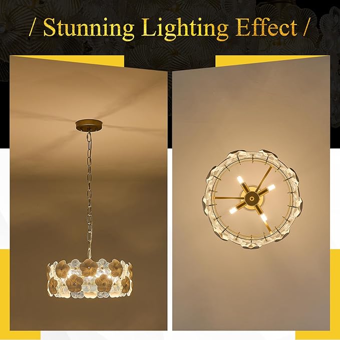Flower Elegant Glass Chandeliers 4-Lights Modern Gold 14" Pendant Light Fixture for Kitchen Island Dining Room Bedroom Entryway Hallway, G9