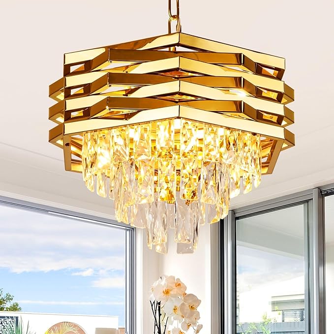 Depuley 16" Gold Crystal Chandelier: 5-Light Hanging Ceiling Light Fixture 3-Tier Flush Mount Chandelier Pendant Light for Dining Room Living Room Foyer Kitchen Island Included Bulbs
