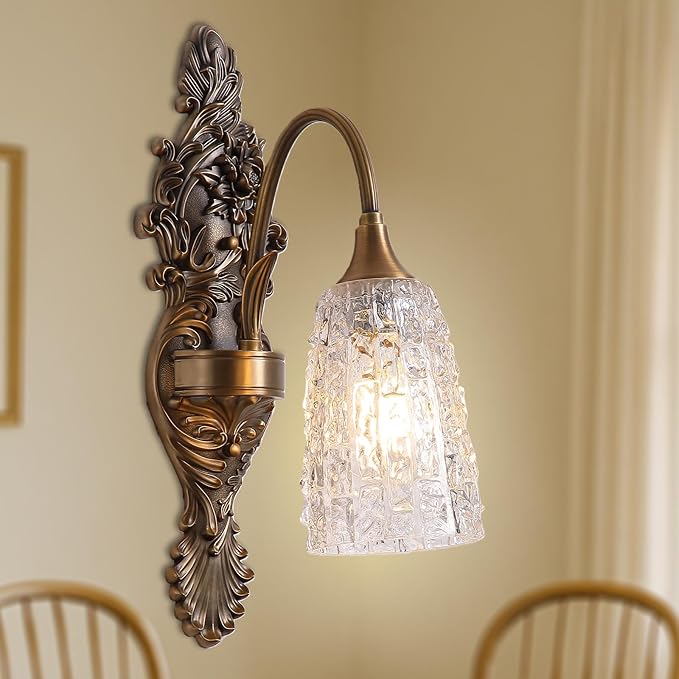 Rustic Glass Wall Sconce Vintage Antique Gothic Bronze Wall Light Fixture Retro Mid Centry Glass Wall Sconce for Bedroom, Living Room, Mirror, Hallway