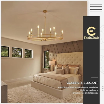 Brushed Gold Chandelier Light Fixture 9-Light Round Dining Room Chandelier Over Table Brass Chandeliers Lighting for Master Bedroom 35in Metal Chandeliers for Living Room Foyer Bathroom