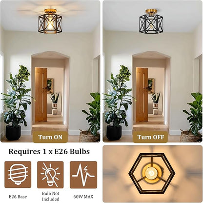 Modern Farmhouse Semi Flush Mount Ceiling Light,Industrial Black and Gold Ceiling Lighting Fixture,Hexagonal Close to Ceiling Lights for Kitchen, Hallway, Entryway, Bedroom,Foyer,9.5 Inch