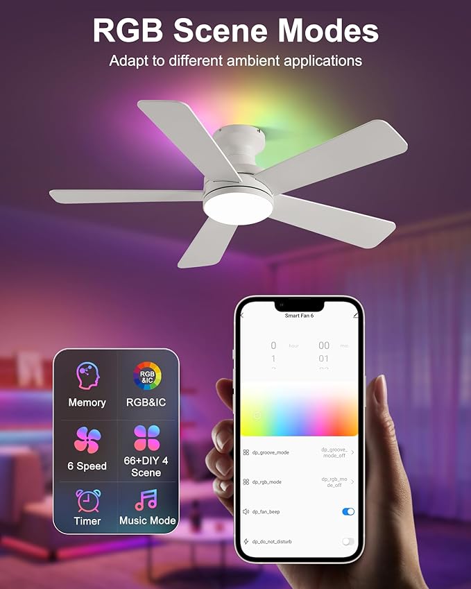 42 Inch Ceiling Fans with Lights, Smart Ceiling Fan with Alexa Google App, White Ceiling Fan with RGB Lights Remote, 6 Speeds Reversible DC Motor, Modern Flush Mount for Bedroom Living Room