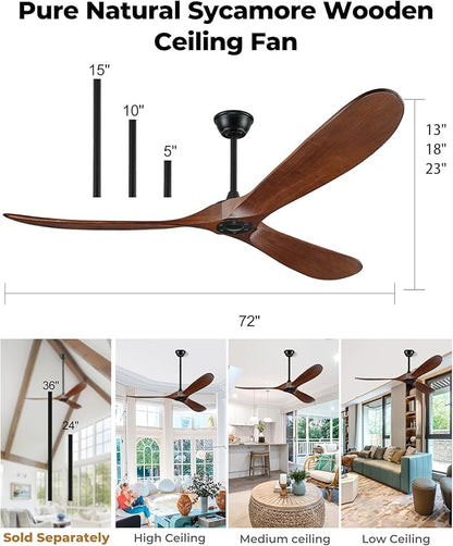72" Ceiling Fans Without Lights, 72 inch Ceiling Fan No Light, High CFM Quiet 3 Blade Wood Walnut Ceiling Fan, Large Modern Outdoor Fan with Remote, Propeller Outdoor Ceiling Fans for Patios