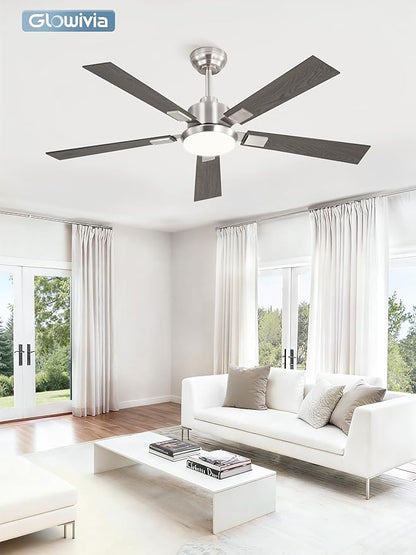 52 Inch Ceiling Fans with Lights and Remote&APP Control, Brushed Nickel Smart Ceiling Fan with 3000-6000K Dimmable, 6 Speeds Reversible, Indoor/Outdoor Ceiling Fan for Bedroom Living Room
