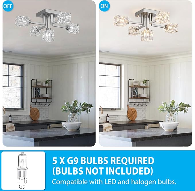 XINGQI Modern Sputnik Chandeliers Brushed Nickel Semi Flush Mount Ceiling Light Fixture 5-Light for Dining Room Living Room Kitchen Bedroom Entryway