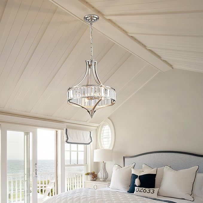 Crystal Chandeliers for Dining Room, Round Rustic Farmhouse Chandelier, Metal Shade, 4-Light Modern Brushed Nickel Chandelier for Hallway, Bedroom, Foyer
