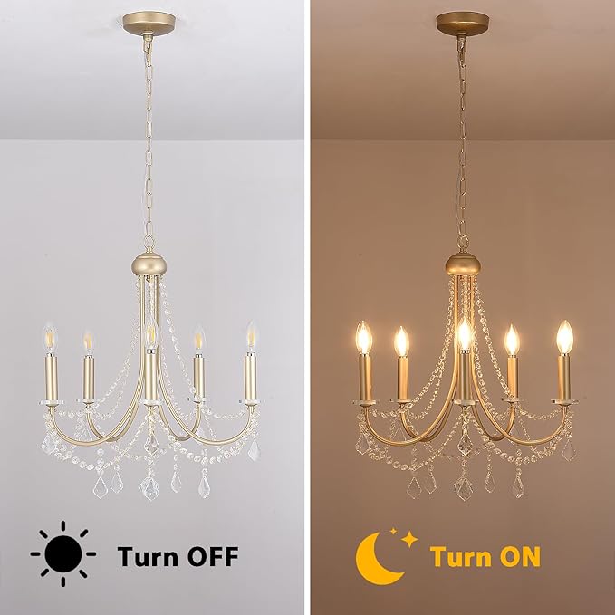 5-Light Farmhouse Chandelier with Crystal Accents, Gold Candle-Style Adjustable Pendant Light for Dining Table, Bedroom, Entryway, Living Room, Kitchen Island, Rustic Modern Ceiling Fixture