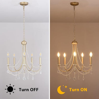 5-Light Farmhouse Chandelier with Crystal Accents, Gold Candle-Style Adjustable Pendant Light for Dining Table, Bedroom, Entryway, Living Room, Kitchen Island, Rustic Modern Ceiling Fixture