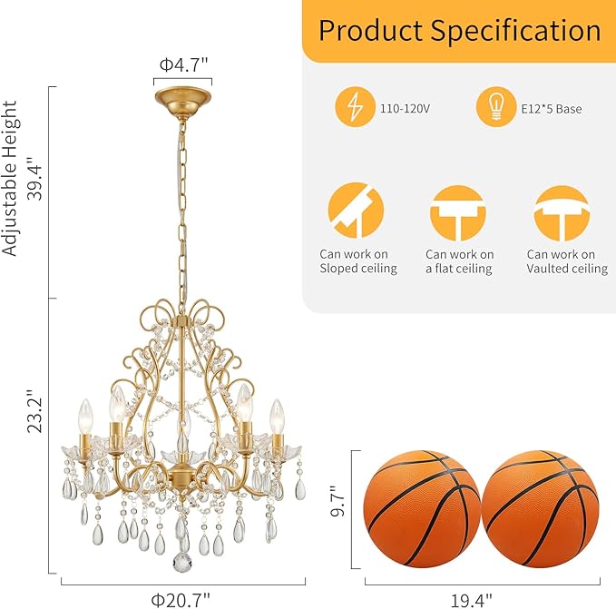 WUZUPS 5-Light Crystal Candle Chandelier Pendant Ceiling Light Modern Lighting Fixture for Bedroom Hallway Bar Kitchen Bathroom, H 23.2" W 20.7", E12 Base, Gold