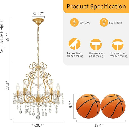 WUZUPS 5-Light Crystal Candle Chandelier Pendant Ceiling Light Modern Lighting Fixture for Bedroom Hallway Bar Kitchen Bathroom, H 23.2" W 20.7", E12 Base, Gold