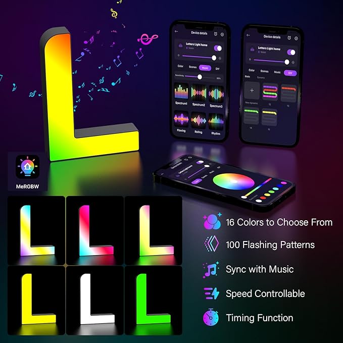 Light Up Letters Marquee Letter - Music Sync RGB Color Changing LED Lights Letter Logo Game Lights for Girls Women Party Birthday Christmas Valentine's Day Wall Desktop Decoration (MRGB-L)