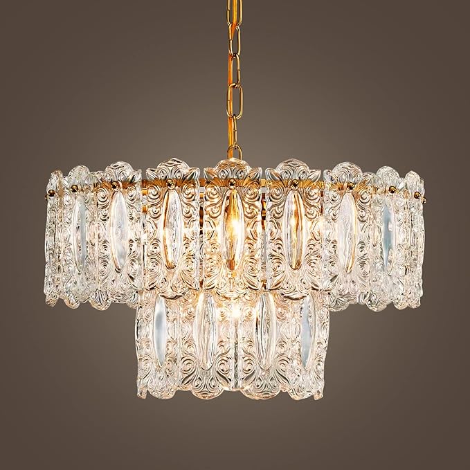 AGV LIGHTING Elegant Glass Chandelier Light Fixture, Modern Vintage Pendant Chandelier Lighting for Dining Room, D18 x H10, 2- Tier Shade & Brass Gold Finish