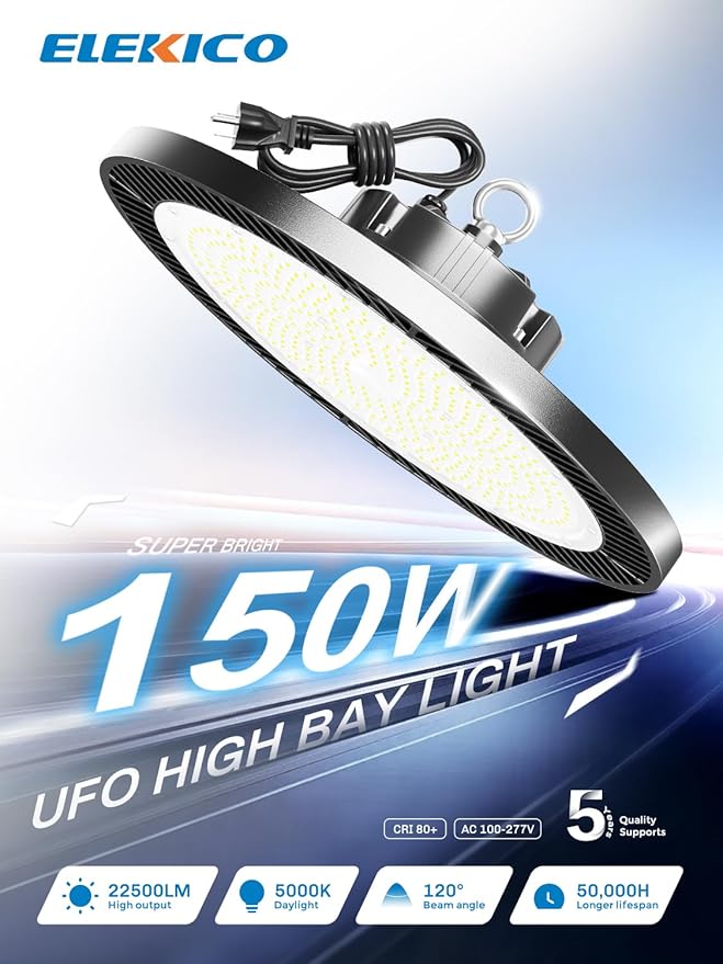 Super Bright 150W High Bay Led Shop Lights| 22500LM 5000K AC110-277V UFO Led High Bay Light With Plug 5ft Cable| Garage Lighting High Bay Light For Garage Shop Warehouses Workshops Gym Barn Factory