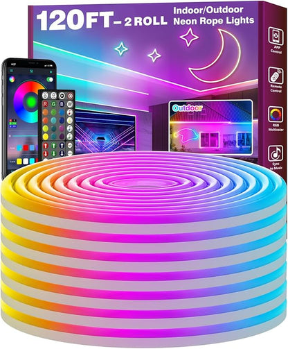 FBZ 120Ft Led Rope Lights, Flexible Neon Lights Control with App/Remote, Multiple Modes, IP65 Outdoor RGB Waterproof, Music Sync Gaming Light Strip for Bedroom Decor