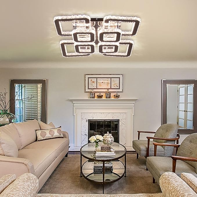 FRIXCHUR 20 Inch Dimmable Crystal Chandelier Flush Mount Ceiling Light 8-Light Square LED with Remote 72W 6120LM Modern K9 Crystal Chandelier for Living Room Bedroom Dining Room