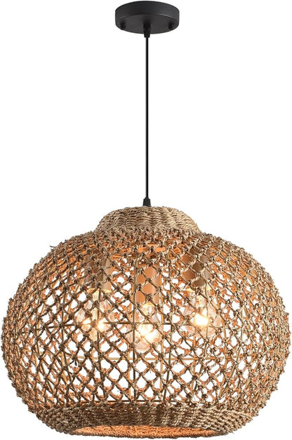 Farmhouse Rattan Chandelier 17” Boho Natural Seagrass Hanging Pendant Lights 3-Lights Hand-Woven Wicker Dining Room Light Fixture for Kitchen Island Entry Living Room Bedroom Hallway