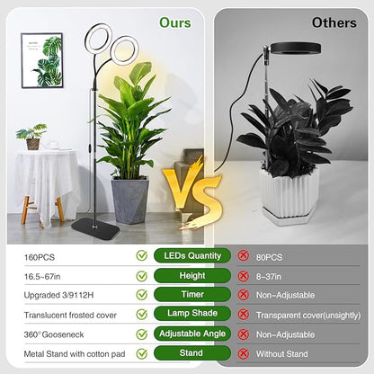 Grow Light with Stand for Indoor Plants, Dual Head Full Spectrum Floor Plant Light for Large Tall Plants, 16.5-68in Adjustable Height, 3/9/12H Timer, Dimmable, Modern Ring Grow Lamp for Home Décor